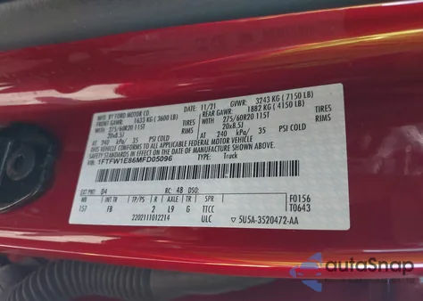 2021 Ford F-150 Xlt из США, поврежденный, VIN 1FTFW1E86MFD05096